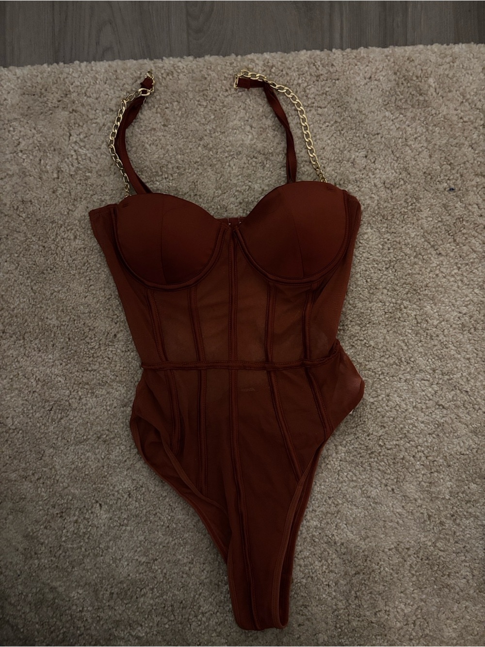 Fashion Nova Rust Brown Chain-Accent Bustier Bodysuit